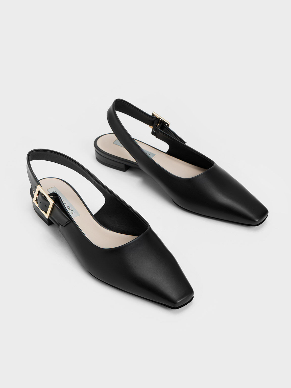 Tapered Square-Toe Slingback Flats, Black, hi-res