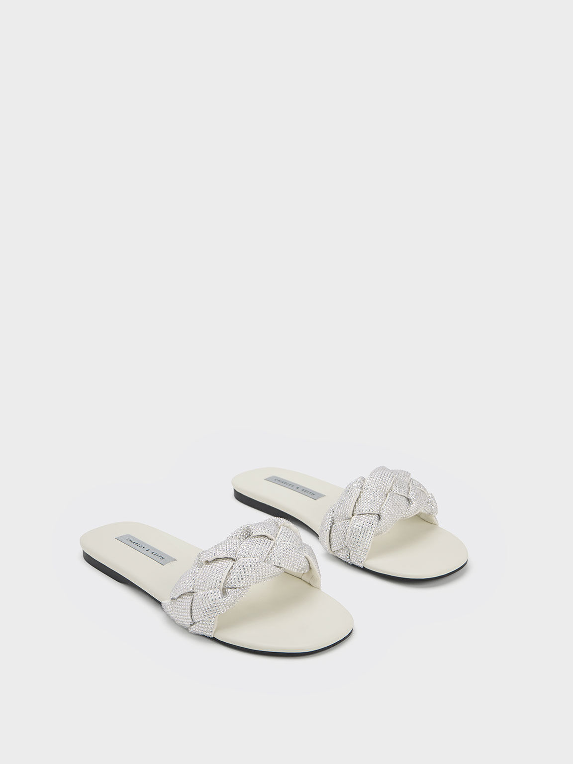 Gem-Embellished Braided Strap Slides, Cream, hi-res