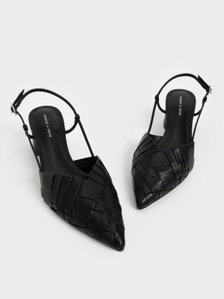 حذاء منسوج مفتوح من الخلف بكعب عال رفيع وحزام كاحل, أسود, hi-res