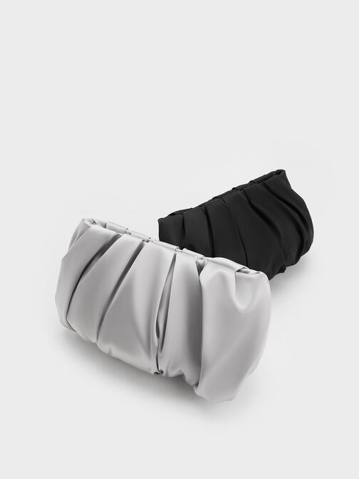 Satin Ruched Bead-Handle Bag, Silver, hi-res