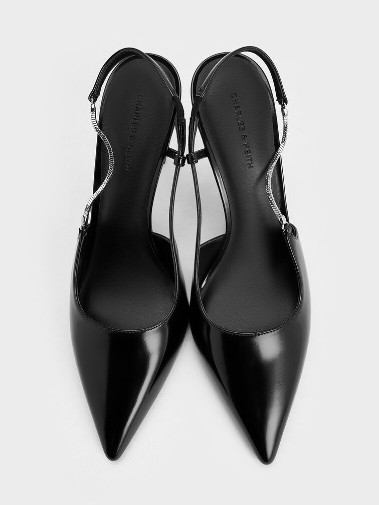 Chain-Strap Pointed-Toe Slingback Pumps, Black Boxed, hi-res