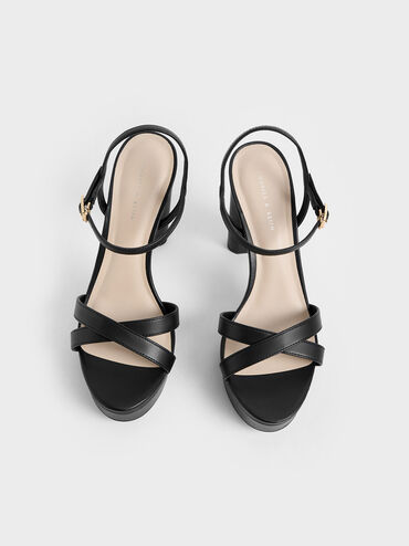 Crossover Platform Heeled Sandals, Black, hi-res