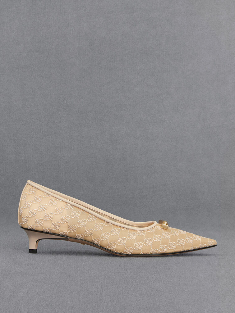 Mesh Kitten-Heel Pumps, Beige, hi-res