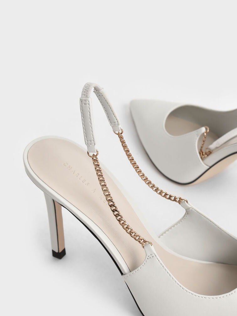 Chain-Link Slingback Stiletto Pumps, Chalk, hi-res