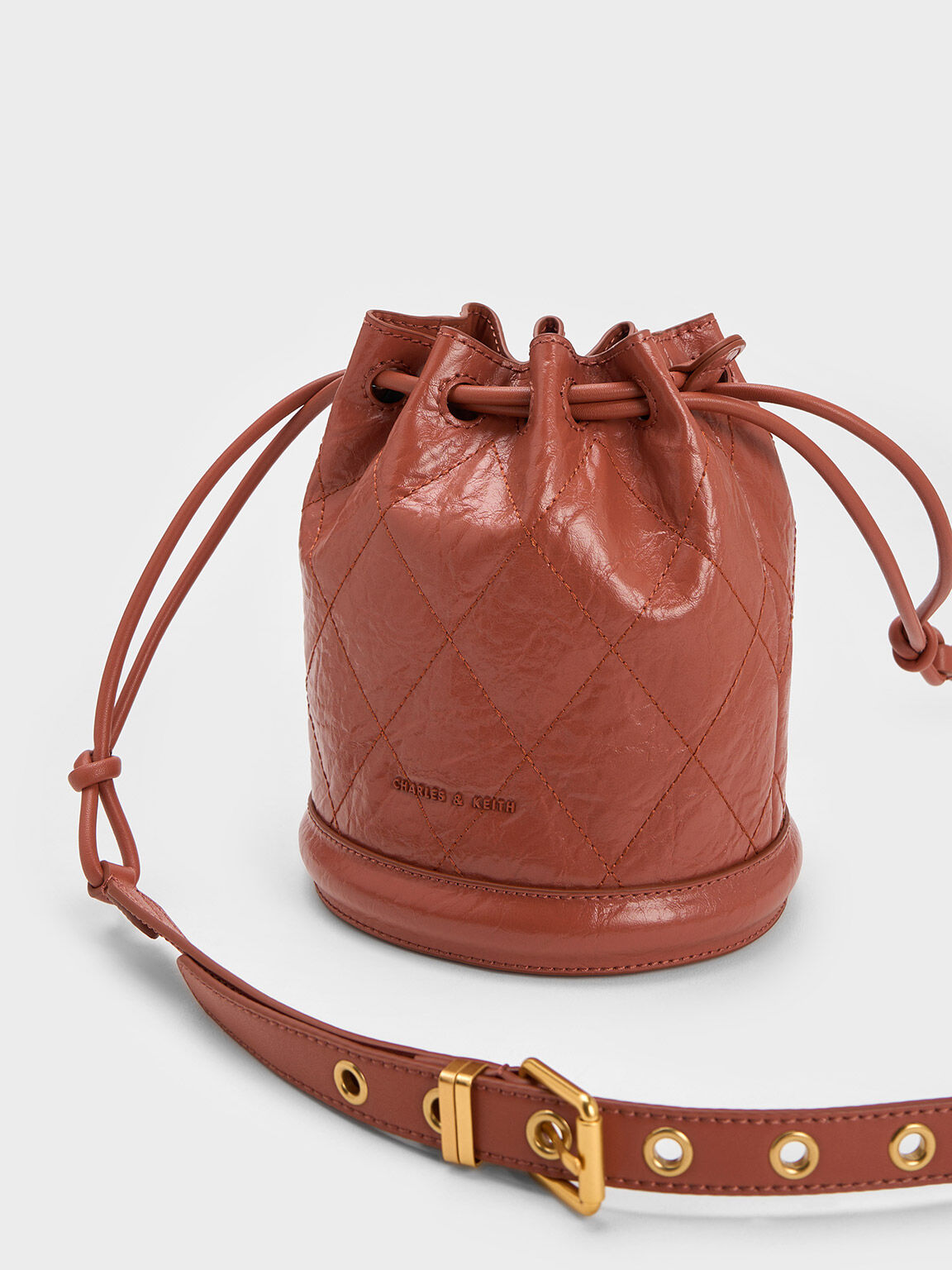 Blossom Quilted Drawstring Bucket Bag, Brick, hi-res
