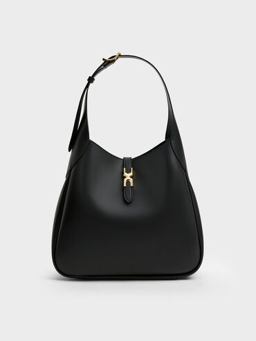 Adalyn Metallic-Buckle Belted Hobo Bag, Black, hi-res