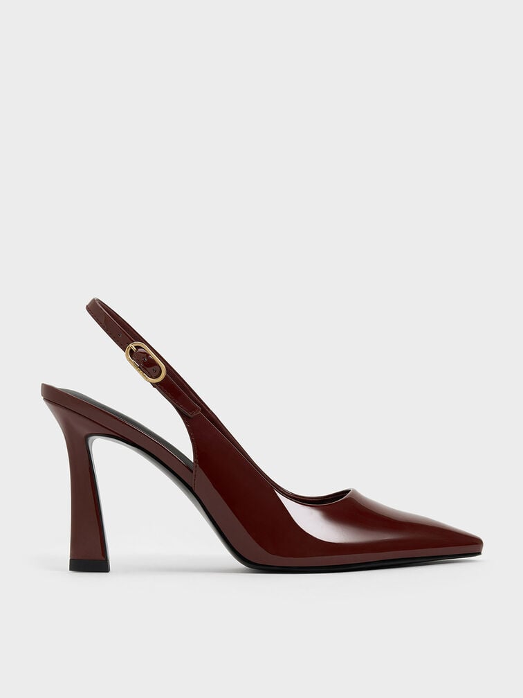Patent Trapeze Heel Slingback Pumps, Burgundy, hi-res