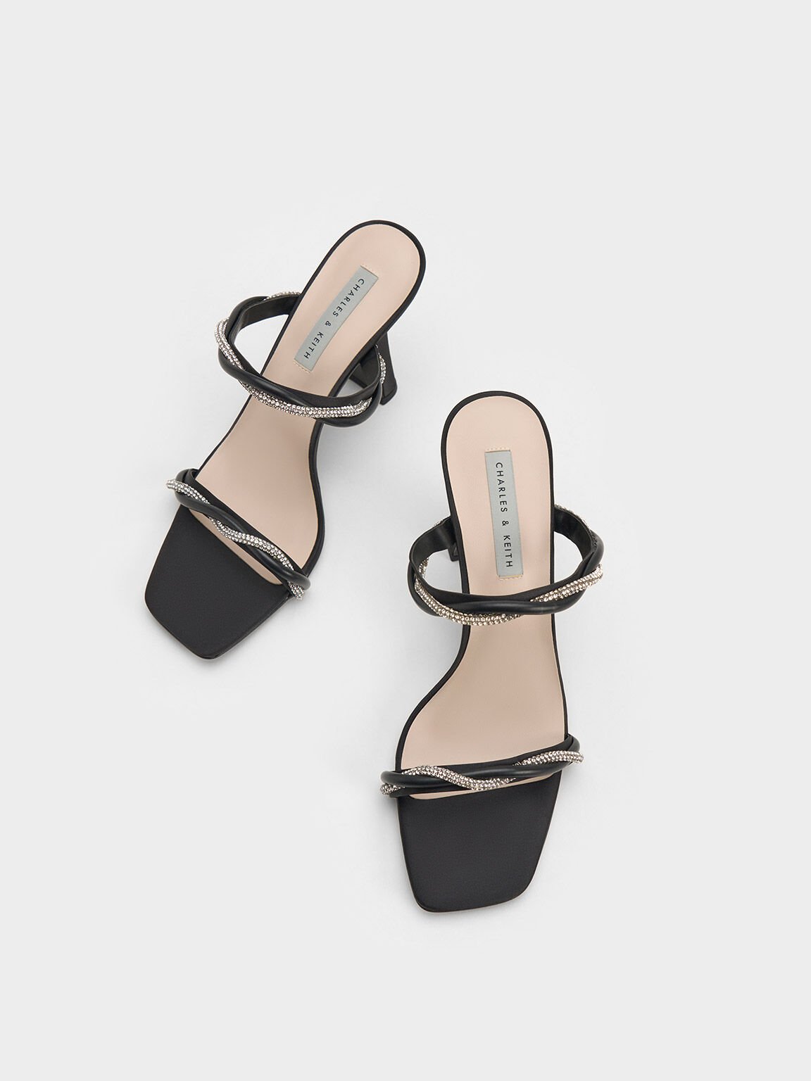 Black Embellished Twisted Strap Satin Sandals - CHARLES & KEITH SA