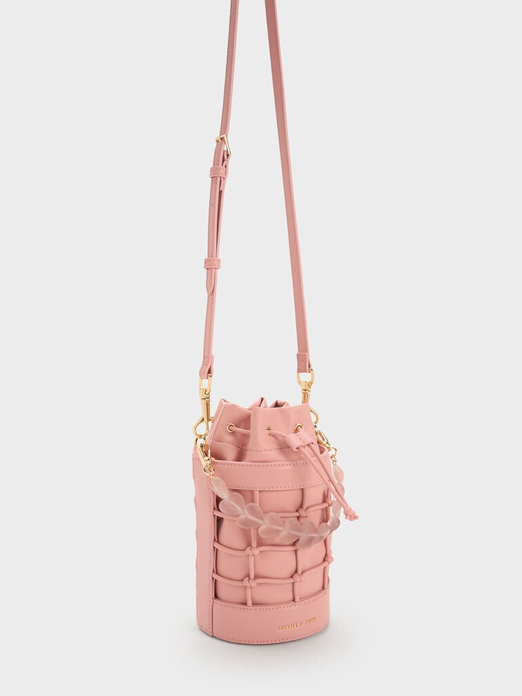 Heart Motif Caged Bucket Bag, Pink, hi-res