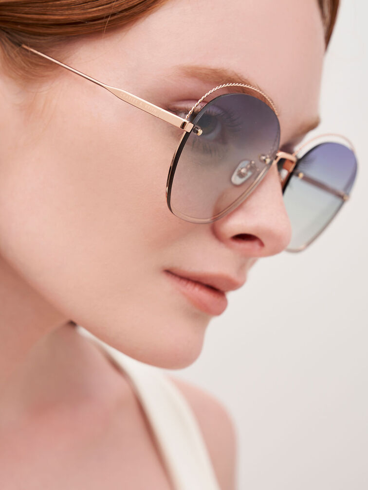 نظارة شمسية بإطار على شكل فراشة بتصميم مفرغ وبعدسات متعددة الألوان, روز جولد, hi-res
