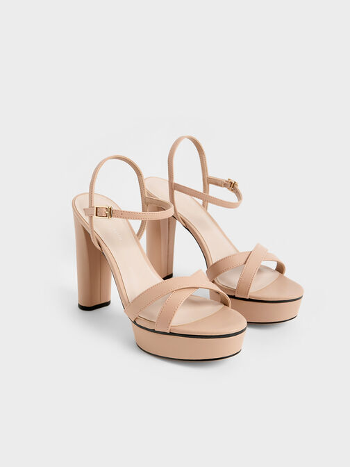 Crossover Platform Heeled Sandals, Nude, hi-res