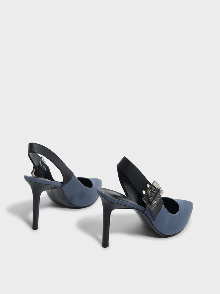 Textured Buckled Slingback Pumps, Blue, hi-res