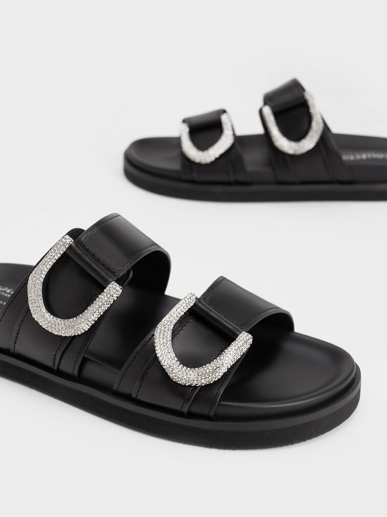 Gem-Embellished Gabine Slides, Black, hi-res