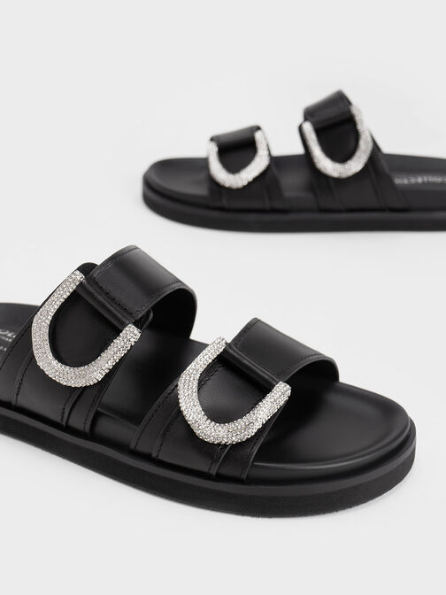 Gem-Embellished Gabine Slides, Black, hi-res