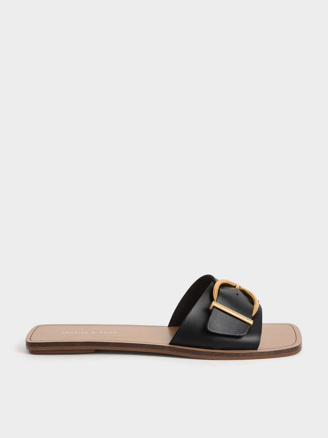 Square Toe Buckled Slides, Black, hi-res
