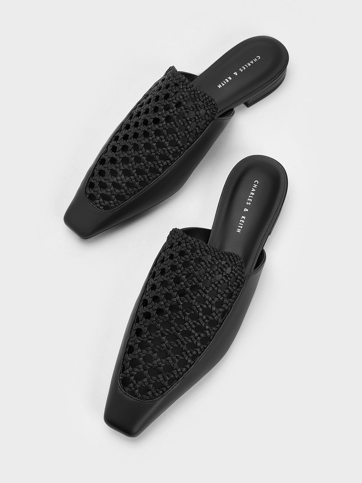 Woven Tapered Flat Mules, Black, hi-res