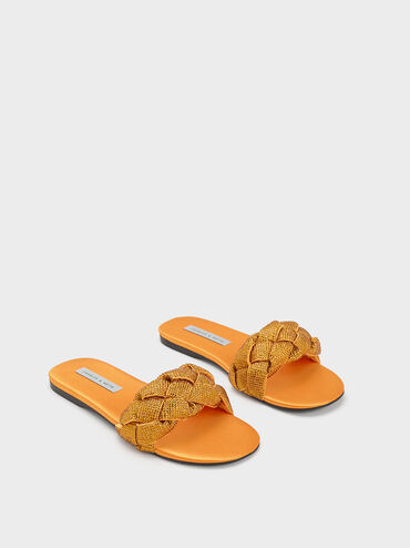 Gem-Embellished Braided Strap Slides, Orange, hi-res