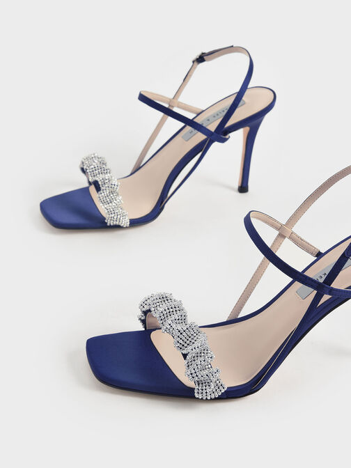 Gem-Embellished Satin Stiletto Sandals, Dark Blue, hi-res