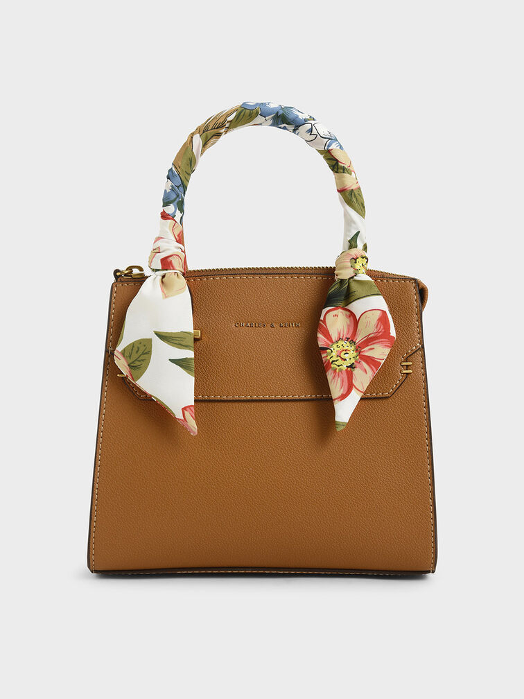 Scarf-Wrapped Top Handle Bag, Camel, hi-res