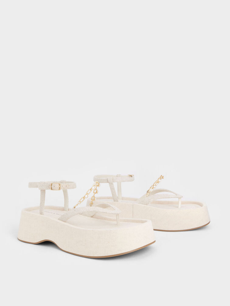 Savannah Chain-Embellished Ankle-Strap Linen Flatforms, Beige, hi-res