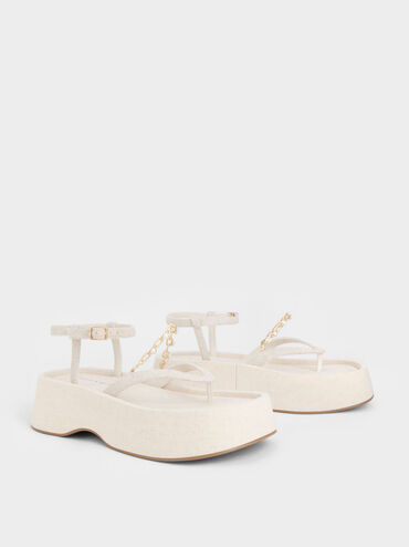 Savannah Chain-Embellished Ankle-Strap Linen Flatforms, Beige, hi-res
