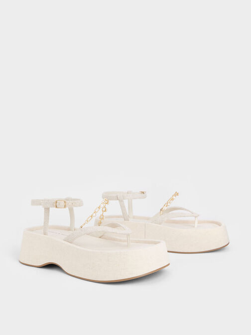 Savannah Chain-Embellished Ankle-Strap Linen Flatforms, Beige, hi-res