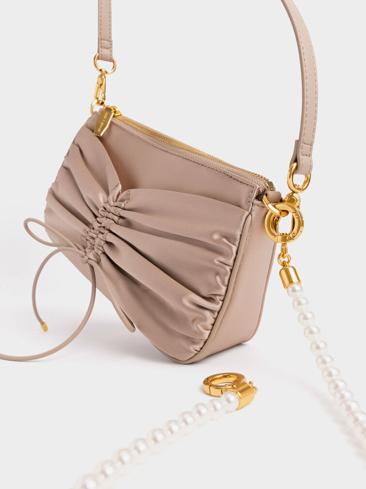Satin Bow-Tie Bead-Handle Shoulder Bag, Beige, hi-res