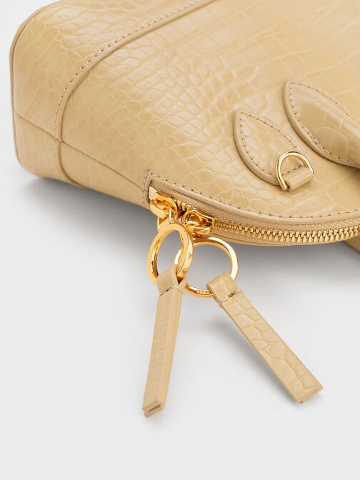 Harmonee Croc-Embossed Bowling Bag, Beige, hi-res