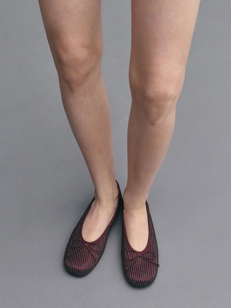 Satin Crystal-Embellished Bow Ballet Flats, Burgundy, hi-res