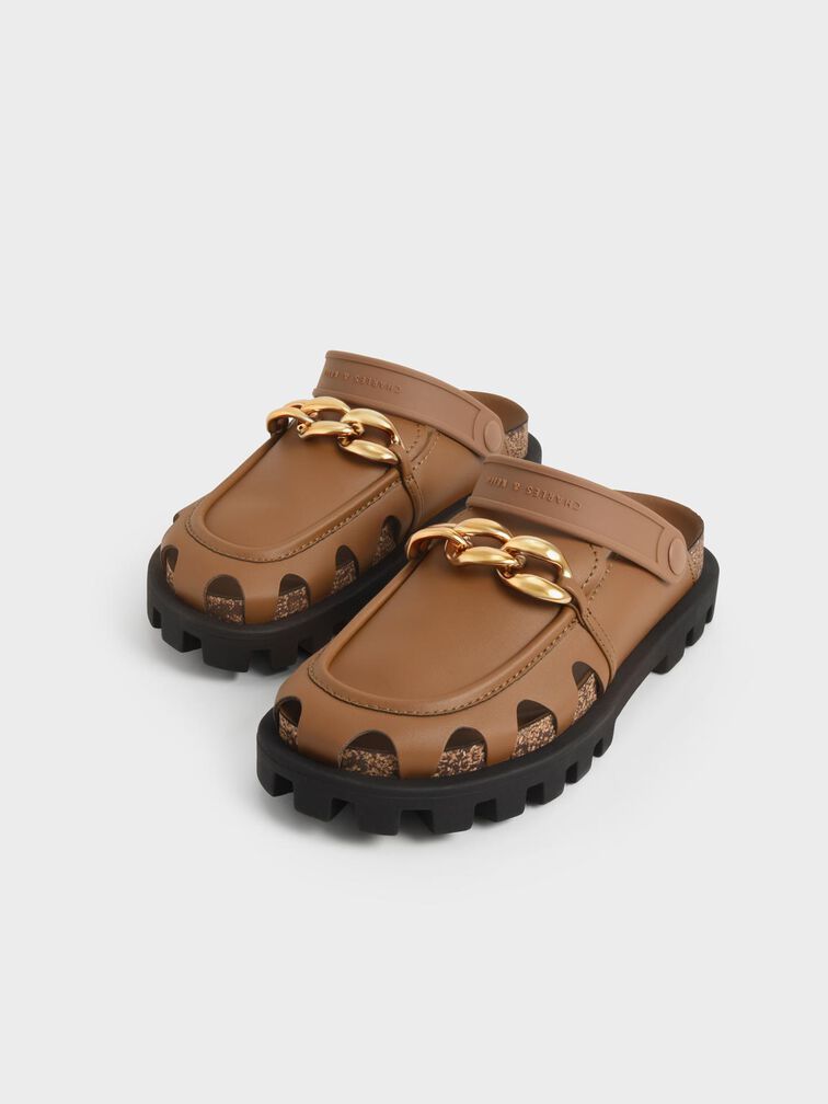 Brighton Chunky Chain-Link Flat Mules, Cognac, hi-res