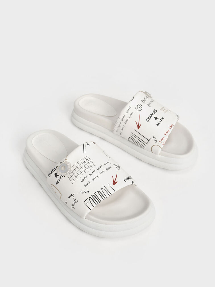Graffiti Print Flatform Sliders, White, hi-res