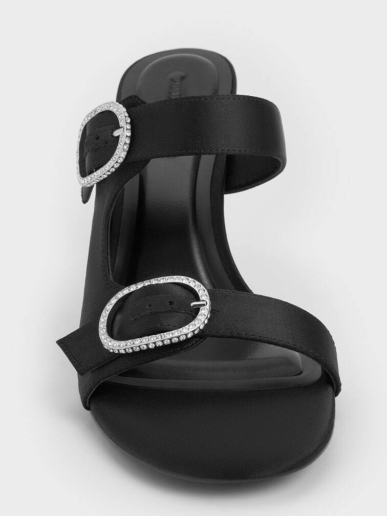 Recycled Polyester Crystal-Buckle Heeled Mules, Black Textured, hi-res
