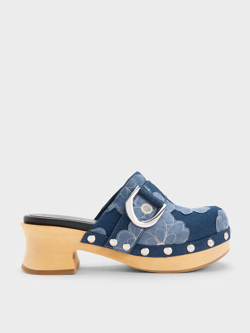 Gabine Floral Denim Studded Clogs, Blue, hi-res