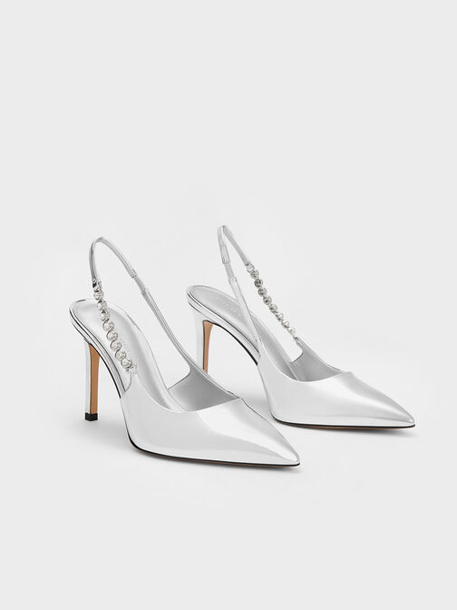 Gem-Strap Metallic Slingback Pumps, Silver, hi-res