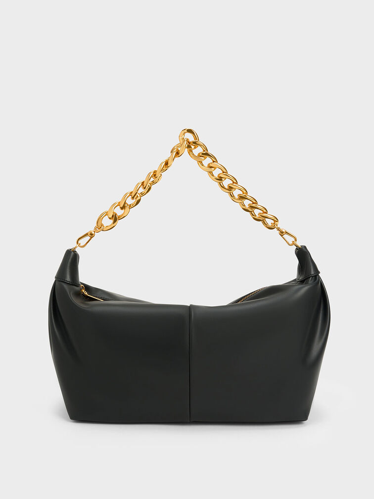 Chunky Chain Link Hobo Bag, Black, hi-res