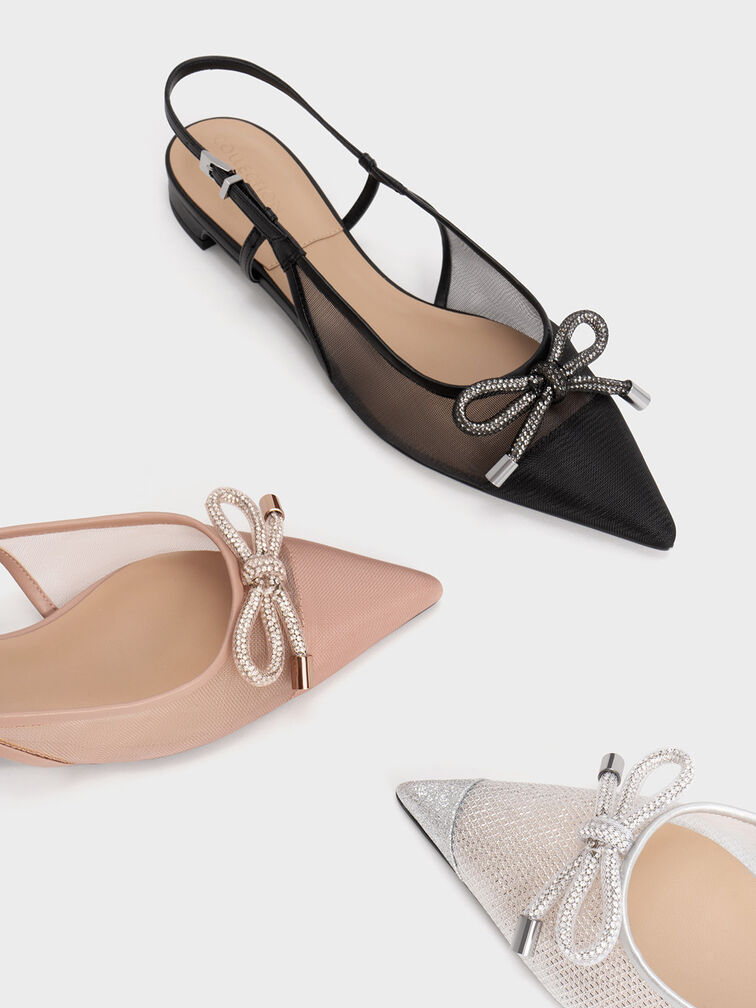 Embellished-Bow Mesh Slingback Ballerinas, Nude, hi-res