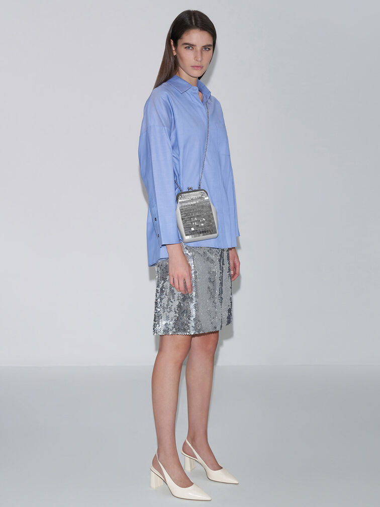 Disc-Embellished Chain Handle Pouch, Silver, hi-res