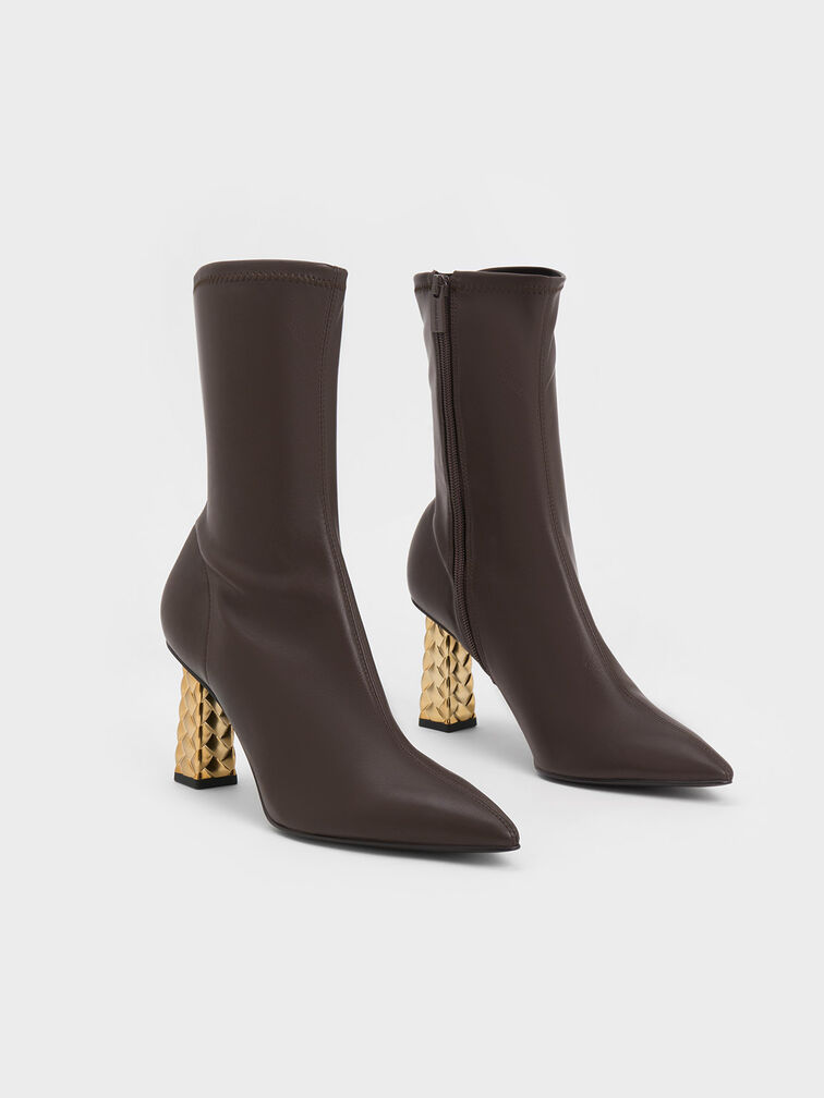 Pointed-Toe Quilted Heel Ankle Boots, Dark Brown, hi-res
