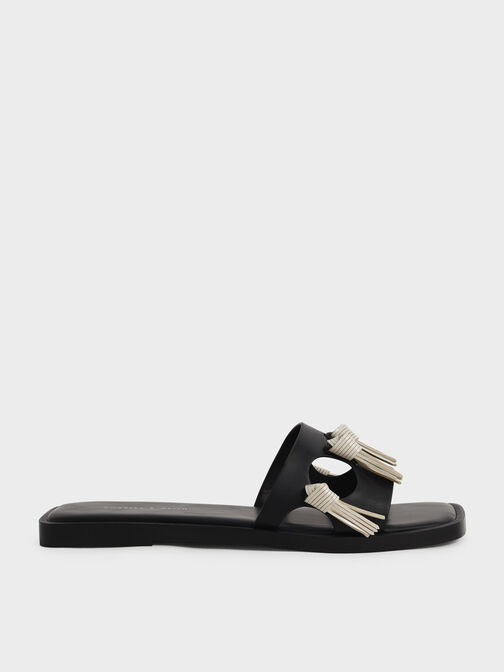 Fringe Detail Slide Sandals, Black, hi-res