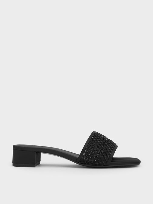 حذاء ميول بكعب من القماش الشبكي مزين بالكريستال, أسود, hi-res
