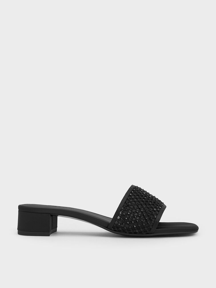 حذاء ميول بكعب من القماش الشبكي مزين بالكريستال, أسود, hi-res