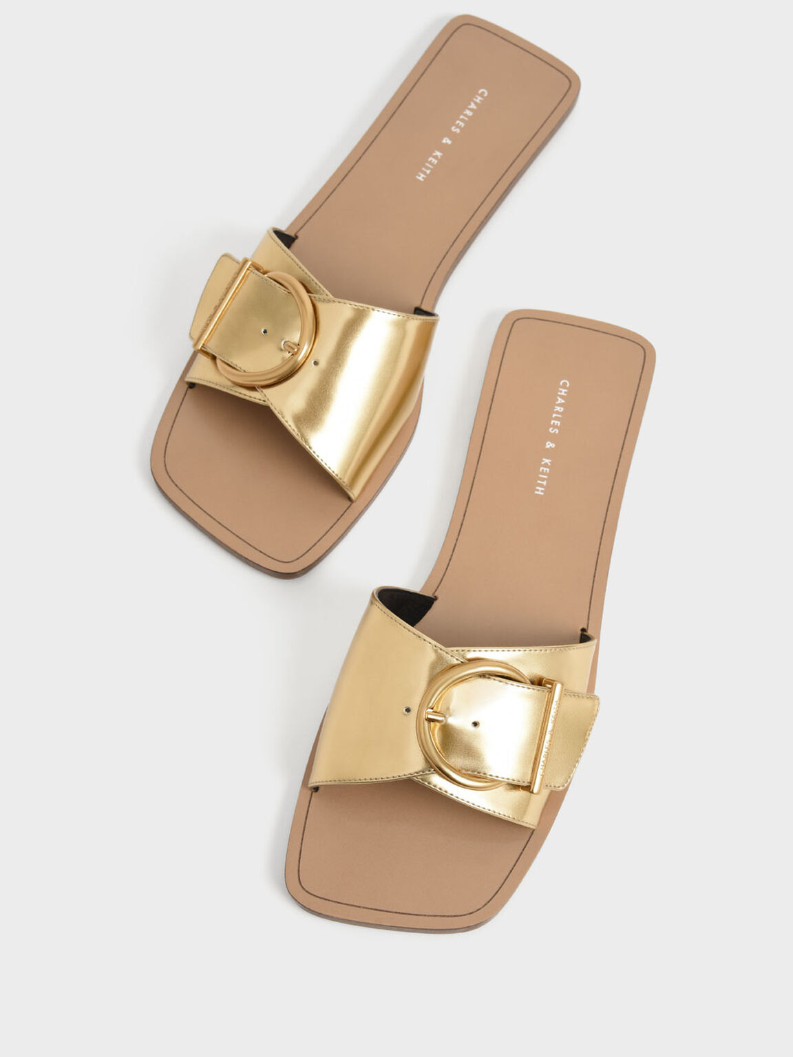 Square Toe Buckled Slides, Gold, hi-res