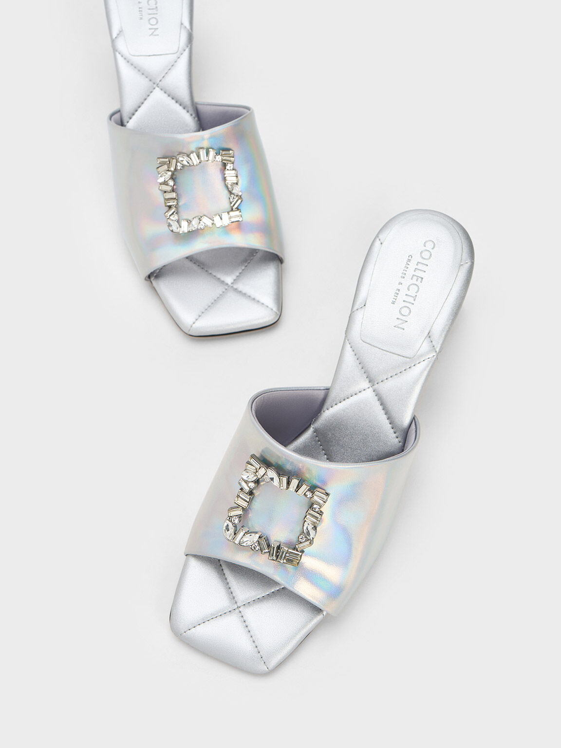 Gem-Embellished Holographic Leather Mules, Multi, hi-res