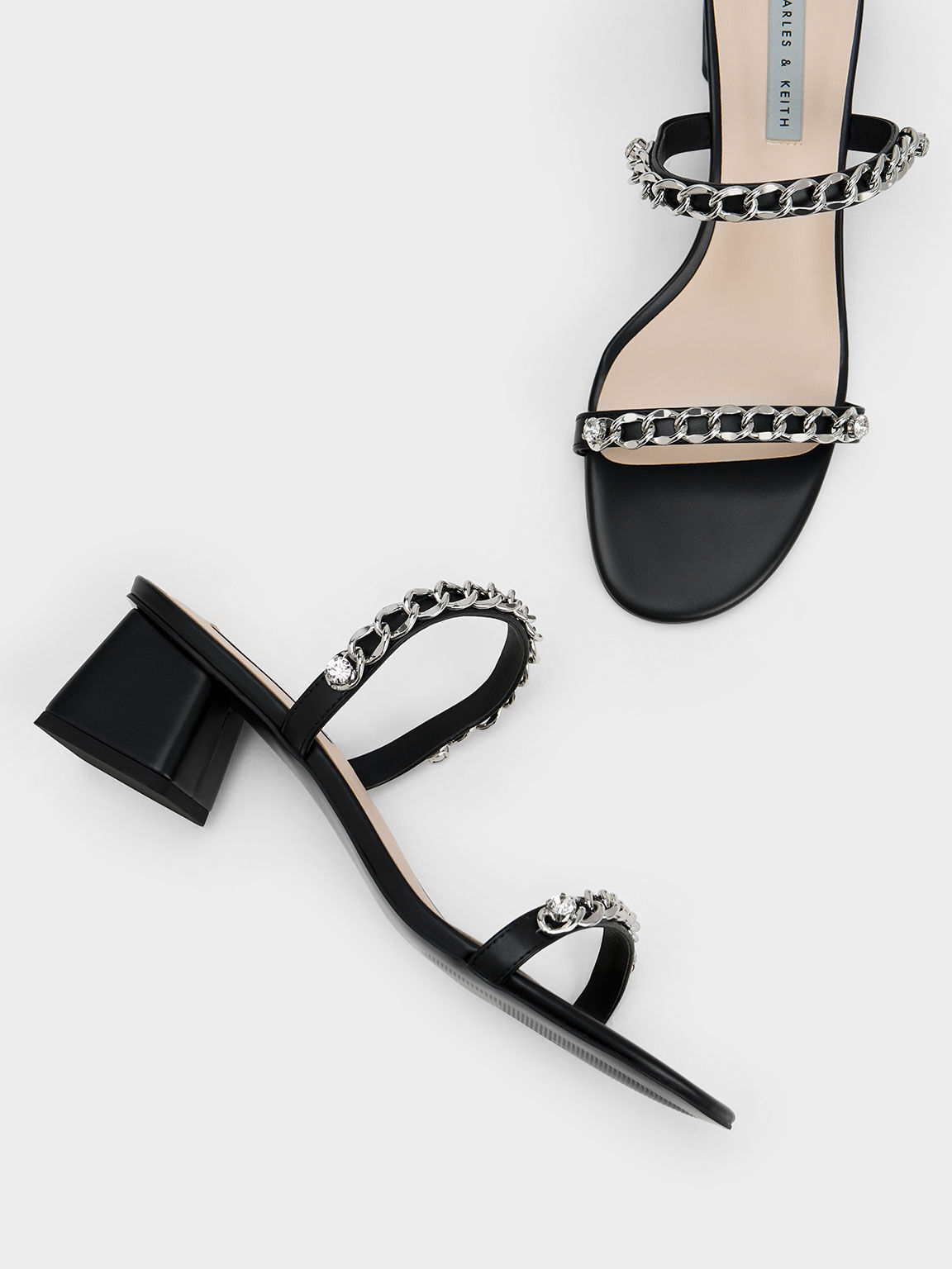 Chain-Link Block Heel Sandals, Black, hi-res