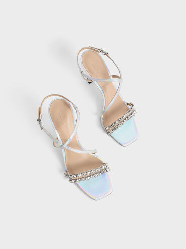 Holographic Leather Gem-Embellished Strappy Sandals, Multi, hi-res