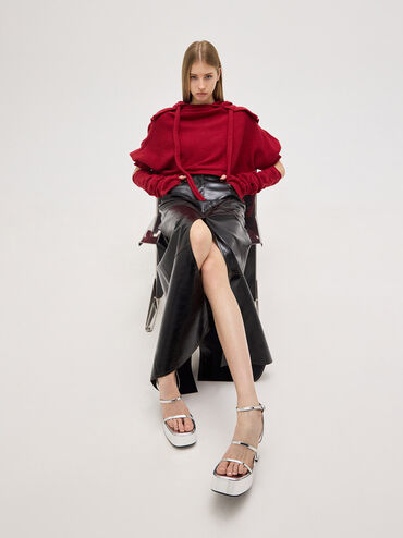 Metallic Strappy Sculptural-Heel Platform Sandals, Silver, hi-res