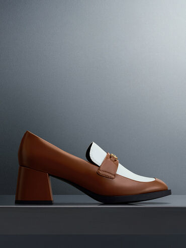 Two-Tone Metallic Accent Block Heel Loafer Pumps, Brown, hi-res