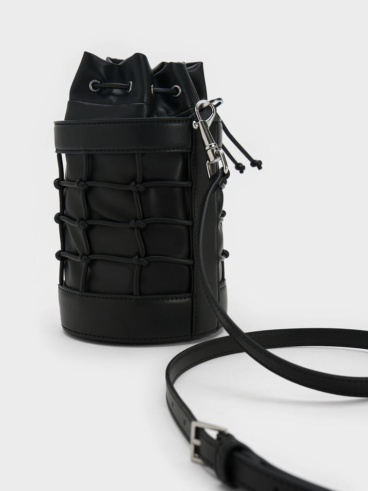 Heart Motif Caged Bucket Bag, Black, hi-res