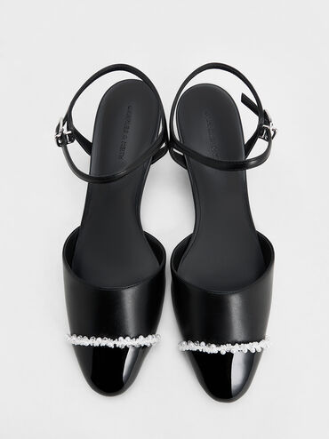 Pearl-Embellished Cap-Toe Kitten Heels, Black, hi-res
