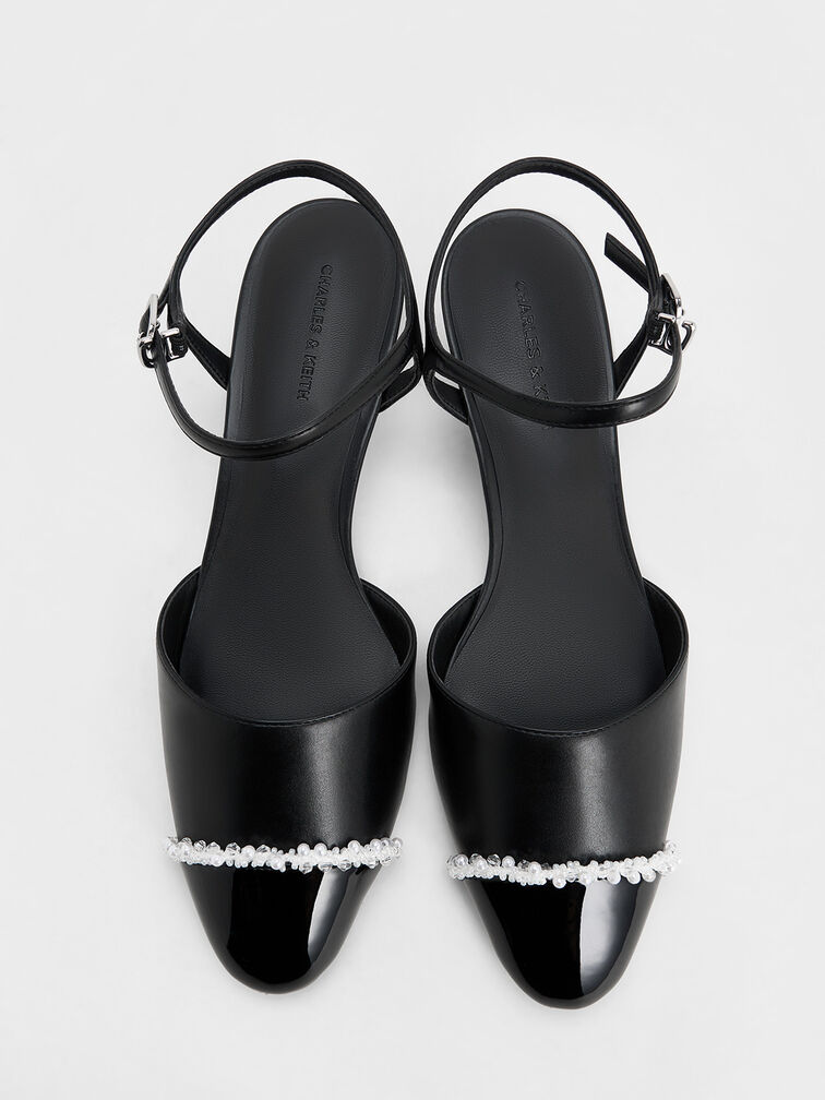 Pearl-Embellished Cap-Toe Kitten Heels, Black, hi-res